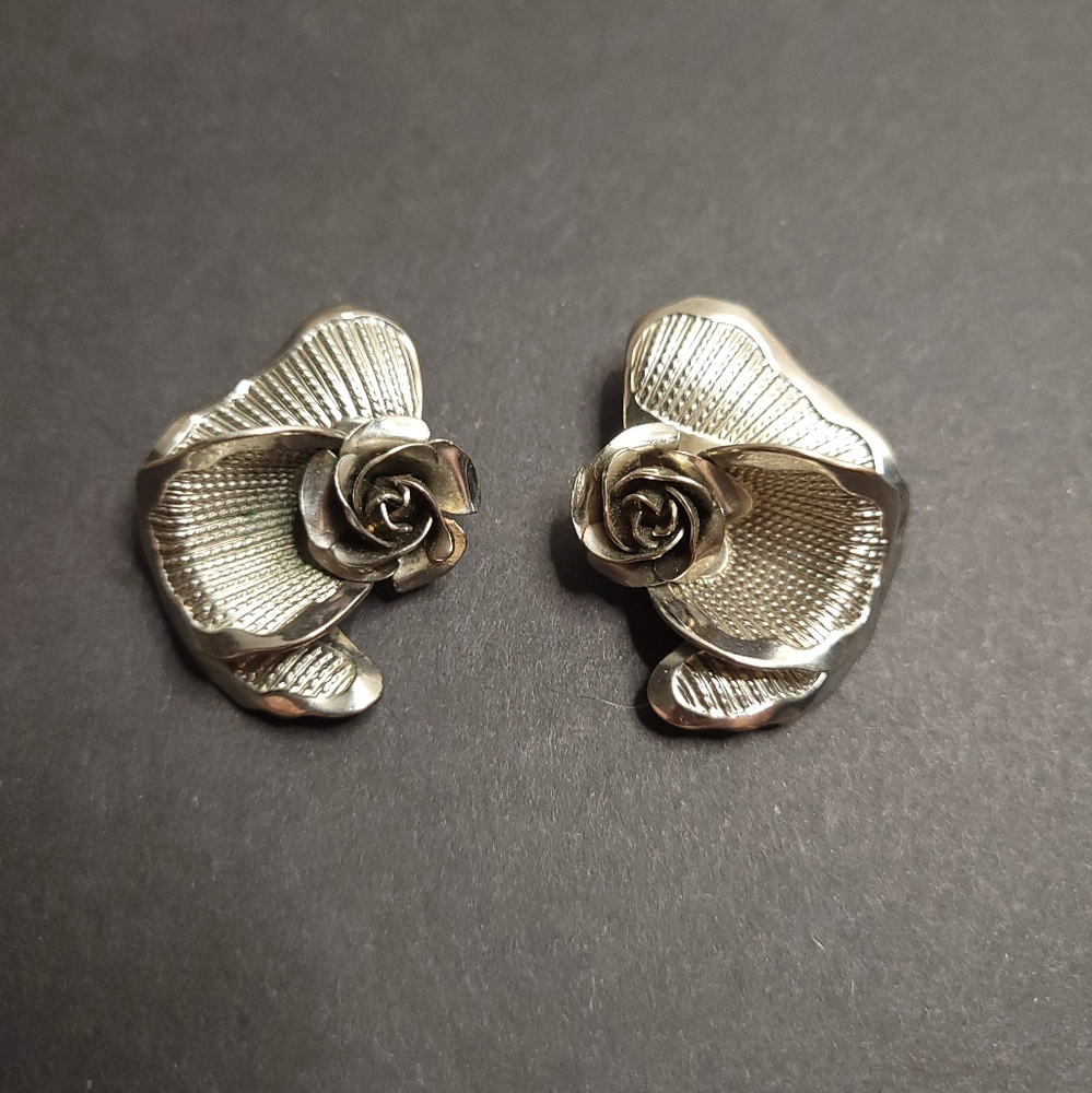 Silver Clip On Earrings Large Rose Flower Vintage Costume Jewelry